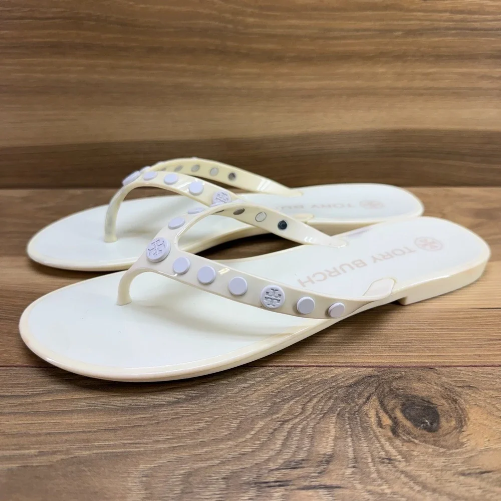Tory Burch Jelly Studded Flip Flops Womens 7 Off White Vacation Travel Pool